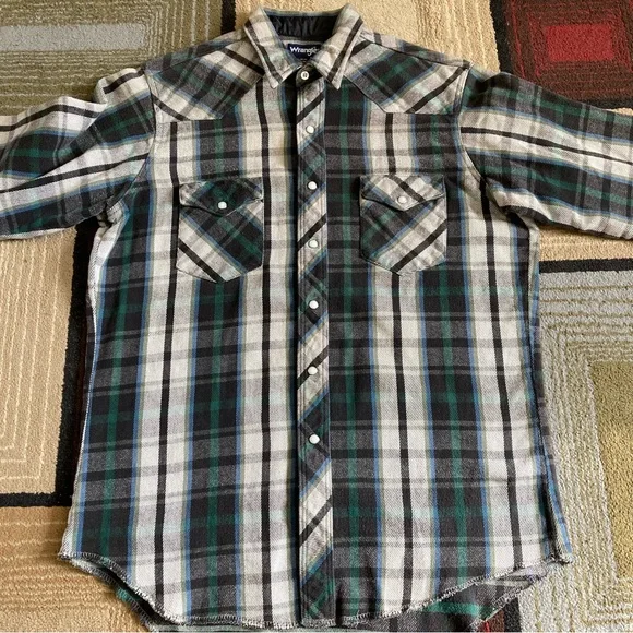 Vintage Wrangler Plaid Heavy Flannel Pearl Snap X-Long Tails Shirt Mens 16.5/34 - Picture 3 of 7